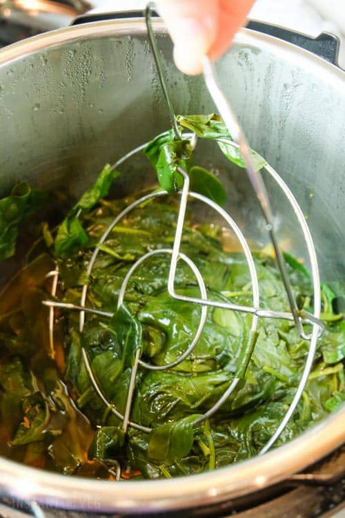 Cooked spinach in the Instant Pot for palak paneer or palak tofu.