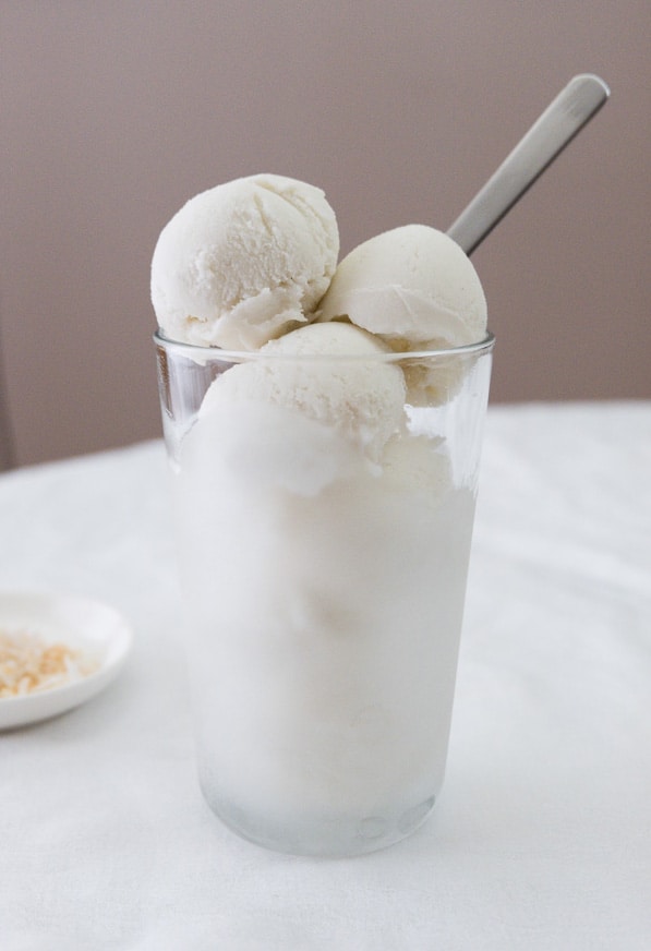 Vanilla Coconut Milk Ice Cream scoops in a frosty glass.
