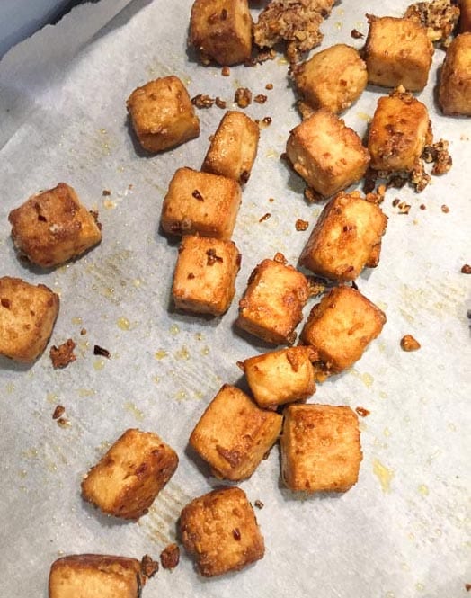 the marinated tofu after being baked.