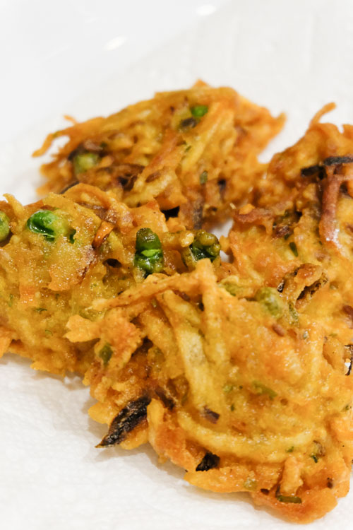 Pakoras after being fried to a golden brown color.